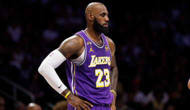 LOS ANGELES, CA - FEBRUARY 5, 2026: Los Angeles Lakers forward LeBron James (23) takes a breather during the game against the Philadelphia 76ers at Crypto.com Arena on February 5, 2026 in Los Angeles, California.(Gina Ferazzi / Los Angeles Times via Getty Images)