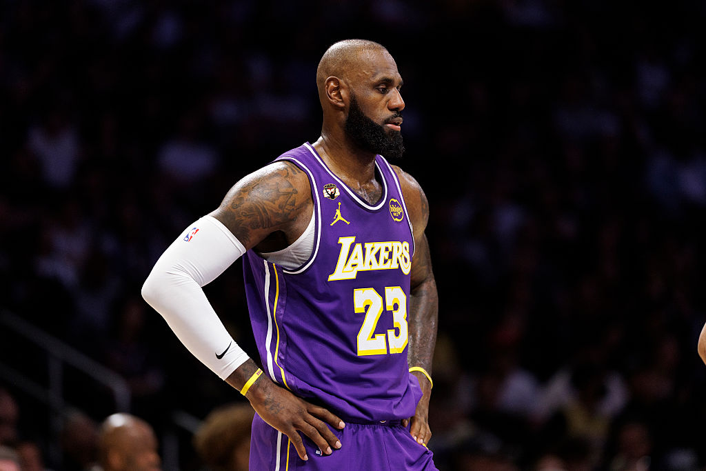 LOS ANGELES, CA - FEBRUARY 5, 2026: Los Angeles Lakers forward LeBron James (23) takes a breather during the game against the Philadelphia 76ers at Crypto.com Arena on February 5, 2026 in Los Angeles, California.(Gina Ferazzi / Los Angeles Times via Getty Images)