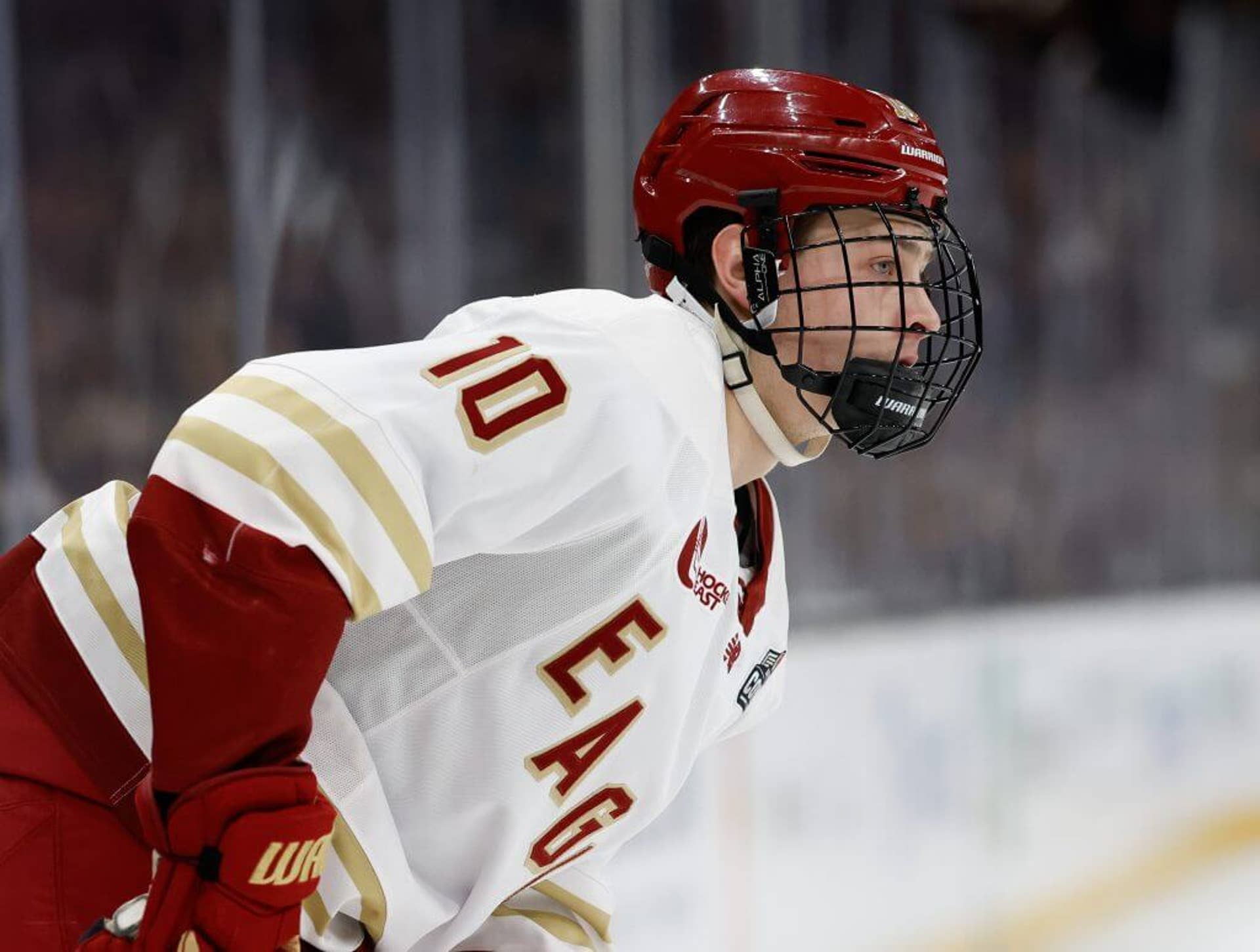 Close-up of James Hagens in a Boston College Eagles jersey as he skates on the ice in the first period of the Beanpot.