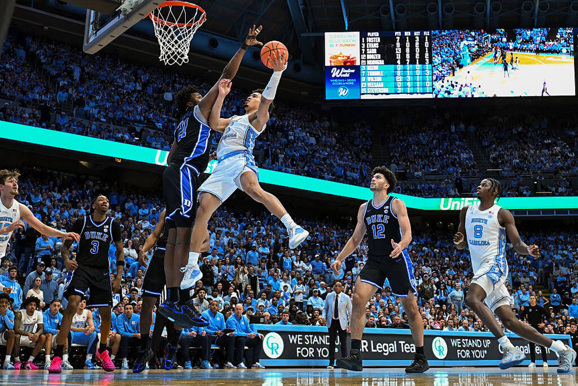 Seth Trimble of UNC drives to the basket against a Duke defender.