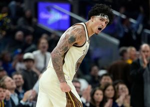 SAN FRANCISCO, CALIFORNIA - FEBRUARY 09: Gui Santos #15 of the Golden State Warriors reacts after making a three-point shot against the Memphis Grizzlies in the second half at Chase Center on February 09, 2026 in San Francisco, California. NOTE TO USER: User expressly acknowledges and agrees that, by downloading and or using this photograph, User is consenting to the terms and conditions of the Getty Images License Agreement. (Photo by Thearon W. Henderson/Getty Images)