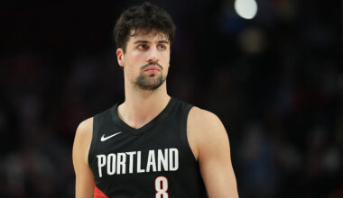 PORTLAND, OREGON - FEBRUARY 20: Deni Avdija #8 of the Portland Trail Blazers looks on during the first half against the Denver Nuggets at Moda Center on February 20, 2026 in Portland, Oregon. NOTE TO USER: User expressly acknowledges and agrees that, by downloading and or using this photograph, User is consenting to the terms and conditions of the Getty Images License Agreement. (Photo by Soobum Im/Getty Images)