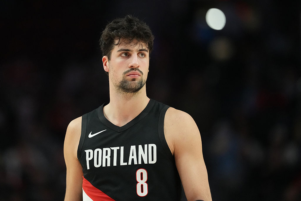 PORTLAND, OREGON - FEBRUARY 20: Deni Avdija #8 of the Portland Trail Blazers looks on during the first half against the Denver Nuggets at Moda Center on February 20, 2026 in Portland, Oregon. NOTE TO USER: User expressly acknowledges and agrees that, by downloading and or using this photograph, User is consenting to the terms and conditions of the Getty Images License Agreement. (Photo by Soobum Im/Getty Images)