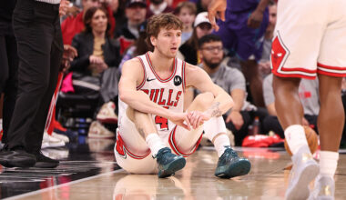 CHICAGO, ILLINOIS - FEBRUARY 24: Matas Buzelis #14 of the Chicago Bulls looks on during the first half against the Charlotte Hornets at the United Center on February 24, 2026 in Chicago, Illinois. NOTE TO USER: User expressly acknowledges and agrees that, by downloading and or using this photograph, User is consenting to the terms and conditions of the Getty Images License Agreement. (Photo by Geoff Stellfox/Getty Images)