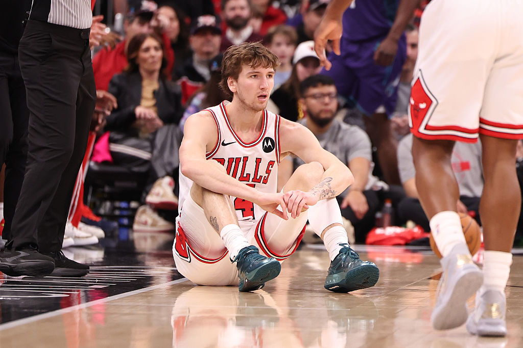 CHICAGO, ILLINOIS - FEBRUARY 24: Matas Buzelis #14 of the Chicago Bulls looks on during the first half against the Charlotte Hornets at the United Center on February 24, 2026 in Chicago, Illinois. NOTE TO USER: User expressly acknowledges and agrees that, by downloading and or using this photograph, User is consenting to the terms and conditions of the Getty Images License Agreement. (Photo by Geoff Stellfox/Getty Images)
