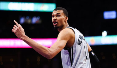 TORONTO, CANADA - FEBRUARY 25: Victor Wembanyama #1 of the San Antonio Spurs reacts during the second half against the Toronto Raptors at Scotiabank Arena on February 25, 2026 in Toronto, Ontario, Canada. NOTE TO USER: User expressly acknowledges and agrees that, by downloading and or using this photograph, User is consenting to the terms and conditions of the Getty Images License Agreement. (Photo by Cole Burston/Getty Images)