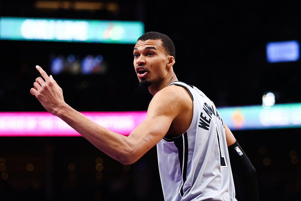 TORONTO, CANADA - FEBRUARY 25: Victor Wembanyama #1 of the San Antonio Spurs reacts during the second half against the Toronto Raptors at Scotiabank Arena on February 25, 2026 in Toronto, Ontario, Canada. NOTE TO USER: User expressly acknowledges and agrees that, by downloading and or using this photograph, User is consenting to the terms and conditions of the Getty Images License Agreement. (Photo by Cole Burston/Getty Images)