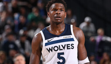 INGLEWOOD, CA - FEBRUARY 26: Anthony Edwards #5 of the Minnesota Timberwolves looks on during the game against the LA Clippers on February 26, 2026 at Intuit Dome in Los Angeles, California. NOTE TO USER: User expressly acknowledges and agrees that, by downloading and/or using this Photograph, user is consenting to the terms and conditions of the Getty Images License Agreement. Mandatory Copyright Notice: Copyright 2026 NBAE (Photo by Juan Ocampo/NBAE via Getty Images)