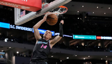 MILWAUKEE, WISCONSIN - FEBRUARY 24: Tyler Herro #14 of the Miami Heat dunks the ball against the Milwaukee Bucks during the fourth quarter at Fiserv Forum on February 24, 2026 in Milwaukee, Wisconsin.