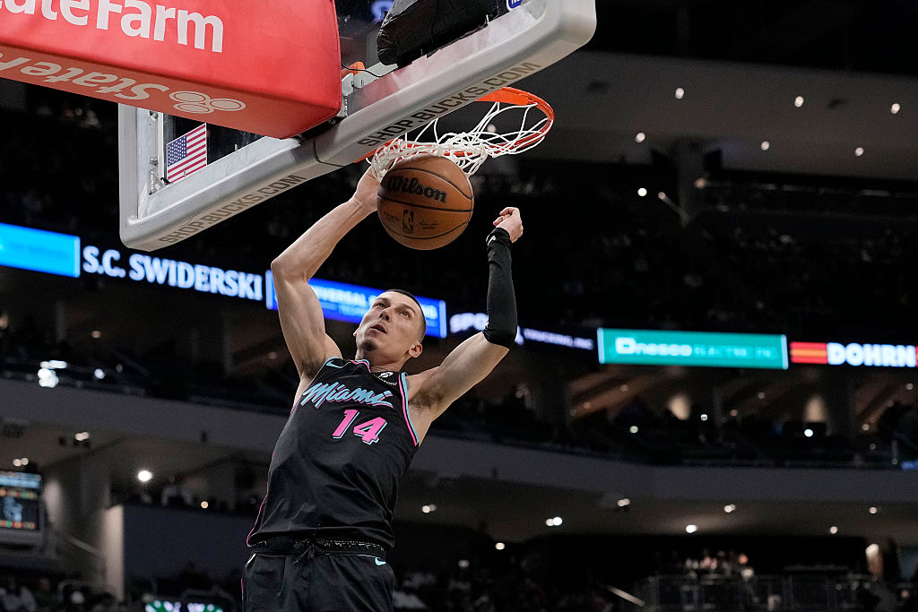 MILWAUKEE, WISCONSIN - FEBRUARY 24: Tyler Herro #14 of the Miami Heat dunks the ball against the Milwaukee Bucks during the fourth quarter at Fiserv Forum on February 24, 2026 in Milwaukee, Wisconsin.