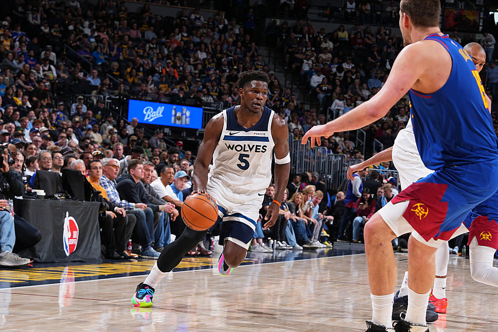 DENVER, CO - MARCH 1: Anthony Edwards #5 of the Minnesota Timberwolves dribbles the ball during the game against the Denver Nuggets on March 1, 2026 at Ball Arena in Denver, Colorado. NOTE TO USER: User expressly acknowledges and agrees that, by downloading and/or using this Photograph, user is consenting to the terms and conditions of the Getty Images License Agreement. Mandatory Copyright Notice: Copyright 2026 NBAE (Photo by Bart Young/NBAE via Getty Images)
