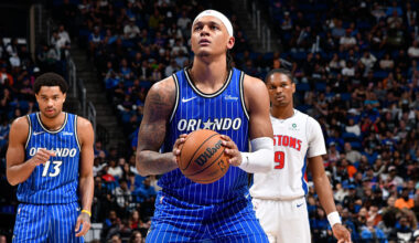 ORLANDO, FL - MARCH 1: Paolo Banchero #5 of the Orlando Magic shoots a free throw during the game against the Detroit Pistons on March 1, 2026 at Kia Center in Orlando, Florida. NOTE TO USER: User expressly acknowledges and agrees that, by downloading and or using this photograph, User is consenting to the terms and conditions of the Getty Images License Agreement. Mandatory Copyright Notice: Copyright 2026 NBAE (Photo by Fernando Medina/NBAE via Getty Images)