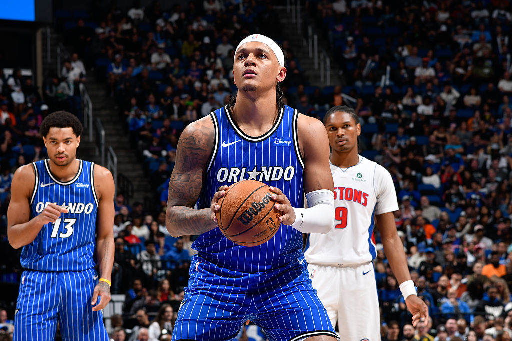 ORLANDO, FL - MARCH 1: Paolo Banchero #5 of the Orlando Magic shoots a free throw during the game against the Detroit Pistons on March 1, 2026 at Kia Center in Orlando, Florida. NOTE TO USER: User expressly acknowledges and agrees that, by downloading and or using this photograph, User is consenting to the terms and conditions of the Getty Images License Agreement. Mandatory Copyright Notice: Copyright 2026 NBAE (Photo by Fernando Medina/NBAE via Getty Images)