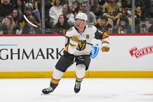 PITTSBURGH, PA - MARCH 01: Vegas Golden Knights center Jack Eichel (9) skates during the first period in the NHL game between the Pittsburgh Penguins and the Vegas Golden Knights on March 1, 2026, at PPG Paints Arena in Pittsburgh, PA. (Photo by Jeanine Leech/Icon Sportswire via Getty Images)