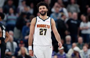 SALT LAKE CITY, UT - MARCH 2: Jamal Murray #27 of the Denver Nuggets smiles after sinking a basket during the second half of their game against the Utah Jazz at the Delta Center on March 2, 2026 in Salt Lake City, Utah.:NOTE TO USER: User expressly acknowledges and agrees that, by downloading and or using this photograph, User is consenting to the terms and conditions of the Getty Images License Agreement. (Photo by Chris Gardner/Getty Images)