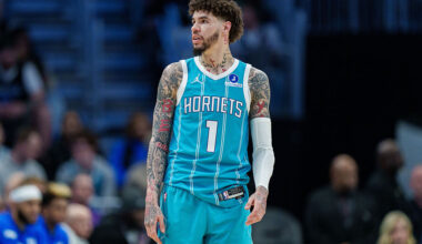 CHARLOTTE, NORTH CAROLINA - MARCH 03: LaMelo Ball #1 of the Charlotte Hornets looks on against the Dallas Mavericks during their game at Spectrum Center on March 03, 2026 in Charlotte, North Carolina. NOTE TO USER: User expressly acknowledges and agrees that, by downloading and or using this photograph, User is consenting to the terms and conditions of the Getty Images License Agreement. (Photo by Jacob Kupferman/Getty Images)