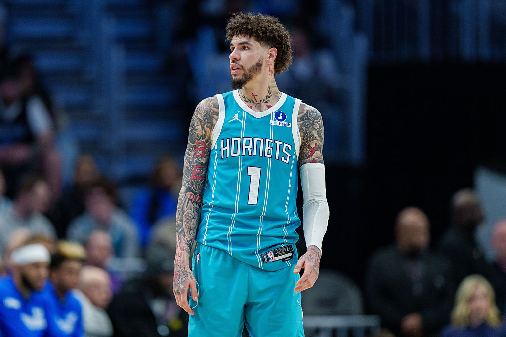 CHARLOTTE, NORTH CAROLINA - MARCH 03: LaMelo Ball #1 of the Charlotte Hornets looks on against the Dallas Mavericks during their game at Spectrum Center on March 03, 2026 in Charlotte, North Carolina. NOTE TO USER: User expressly acknowledges and agrees that, by downloading and or using this photograph, User is consenting to the terms and conditions of the Getty Images License Agreement. (Photo by Jacob Kupferman/Getty Images)