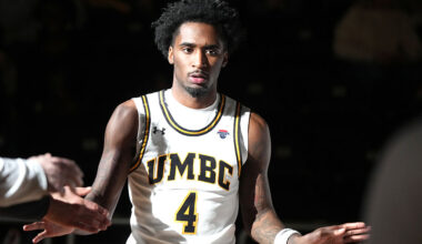 CATSONSVILLE, MD - FEBRUARY 26: Jah'likai King #4 of the UMBC Retrievers is introduced before a college basketball game against the Bryant Bears at the Chesapeake Employers Insurance Arena on February 26, 2026 in Catonsville, Maryland. (Photo by Mitchell Layton/Getty Images)
