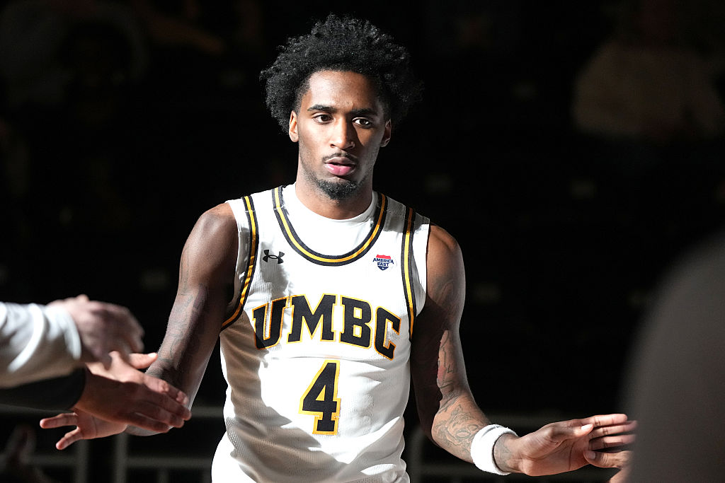 CATSONSVILLE, MD - FEBRUARY 26: Jah'likai King #4 of the UMBC Retrievers is introduced before a college basketball game against the Bryant Bears at the Chesapeake Employers Insurance Arena on February 26, 2026 in Catonsville, Maryland. (Photo by Mitchell Layton/Getty Images)