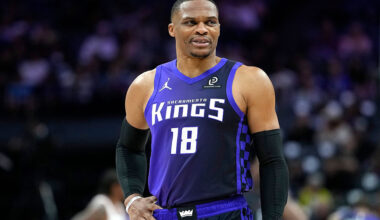 SACRAMENTO, CALIFORNIA - MARCH 03: Russell Westbrook #18 of the Sacramento Kings looks on against the Phoenix Suns in the first half of an NBA basketball game at Golden 1 Center on March 03, 2026 in Sacramento, California.