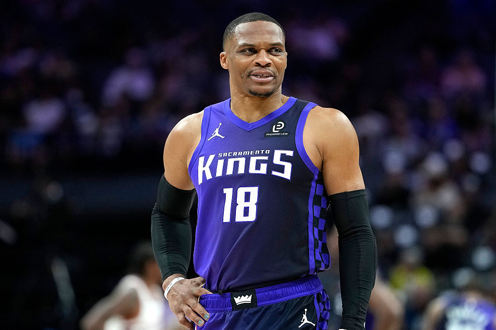 SACRAMENTO, CALIFORNIA - MARCH 03: Russell Westbrook #18 of the Sacramento Kings looks on against the Phoenix Suns in the first half of an NBA basketball game at Golden 1 Center on March 03, 2026 in Sacramento, California.