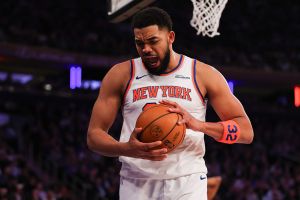 NEW YORK, NEW YORK - MARCH 04: Karl-Anthony Towns #32 of the New York Knicks reacts during the second quarter against the Oklahoma City Thunder at Madison Square Garden on March 04, 2026 in New York City. NOTE TO USER: User expressly acknowledges and agrees that, by downloading and or using this photograph, user is consenting to the terms and conditions of the Getty Images License Agreement. (Photo by Ishika Samant/Getty Images)