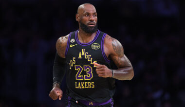 LOS ANGELES, CALIFORNIA - MARCH 03: LeBron James #23 of the Los Angeles Lakers on court against the New Orleans Pelicans in the first half at Crypto.com Arena on March 03, 2026 in Los Angeles, California. NOTE TO USER: User expressly acknowledges and agrees that, by downloading and or using this photograph, User is consenting to the terms and conditions of the Getty Images License Agreement. (Photo by Ronald Martinez/Getty Images)
