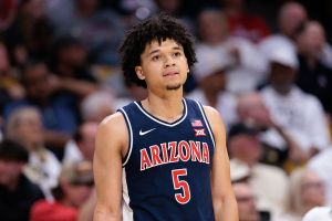 BOULDER, COLORADO - MARCH 07: Brayden Burries #5 of the Arizona Wildcats looks on during the second half against the Colorado Buffaloes at the CU Events Center on March 07, 2026 in Boulder, Colorado. (Photo by Andrew Wevers/Getty Images)