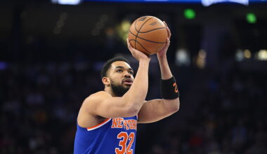 SALT LAKE CITY, UT - MARCH 11: Karl-Anthony Towns #32 of the New York Knicks free throw during the game against the Utah Jazz on March 11, 2026 at Delta Center in Salt Lake City, Utah. NOTE TO USER: User expressly acknowledges and agrees that, by downloading and or using this Photograph, User is consenting to the terms and conditions of the Getty Images License Agreement. Mandatory Copyright Notice: Copyright 2026 NBAE (Photo by Alex Goodlett/NBAE via Getty Images)