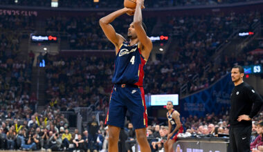 CLEVELAND, OHIO - MARCH 08: Evan Mobley #4 of the Cleveland Cavaliers shoots during the third quarter against the Boston Celtics at Rocket Arena on March 08, 2026 in Cleveland, Ohio. The Celtics defeated the Cavaliers 109-98. NOTE TO USER: User expressly acknowledges and agrees that, by downloading and or using this photograph, User is consenting to the terms and conditions of the Getty Images License Agreement. (Photo by Jason Miller/Getty Images)