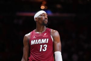 MIAMI, FLORIDA - MARCH 08: Bam Adebayo #13 of the Miami Heat looks on against the Detroit Pistons during the fourth quarter at Kaseya Center on March 08, 2026 in Miami, Florida. NOTE TO USER: User expressly acknowledges and agrees that, by downloading and or using this photograph, User is consenting to the terms and conditions of the Getty Images License Agreement. (Photo by Rich Storry/Getty Images)