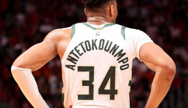 MIAMI, FL - MARCH 12: Giannis Antetokounmpo #34 of the Milwaukee Bucks looks on during the game against the Miami Heat on March 12, 2026 at Kaseya Center in Miami, Florida. NOTE TO USER: User expressly acknowledges and agrees that, by downloading and or using this Photograph, user is consenting to the terms and conditions of the Getty Images License Agreement. Mandatory Copyright Notice: Copyright 2026 NBAE (Photo by Issac Baldizon/NBAE via Getty Images)