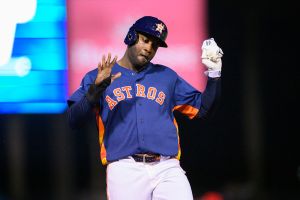 WEST PALM BEACH, FL - MARCH 12: Houston Astros outfielder Yordan Alvarez (44) gestures during a MLB spring training game against the Washington Nationals at CACTI Park of the Palm Beaches on March 12, 2026 in West Palm Beach, Florida. (Photo by Doug Murray/Icon Sportswire via Getty Images)