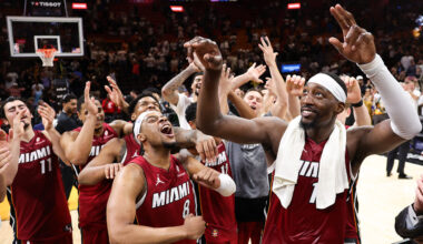 Bam Adebayo #13 of the Miami Heat celebrates with teammates after defeating the Washington Wizards at Kaseya Center on March 10, 2026 in Miami, Florida.