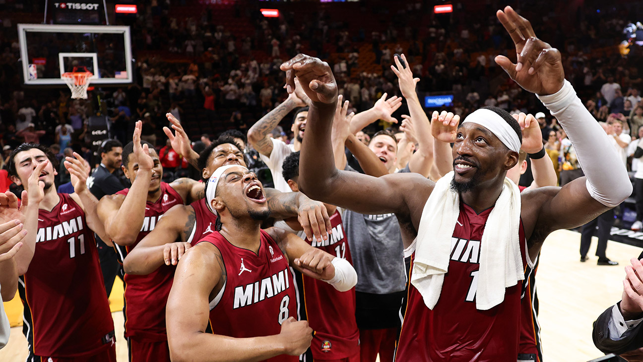 Bam Adebayo #13 of the Miami Heat celebrates with teammates after defeating the Washington Wizards at Kaseya Center on March 10, 2026 in Miami, Florida.