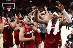 MIAMI, FLORIDA - MARCH 10: Bam Adebayo #13 of the Miami Heat celebrates with teammates after defeating the Washington Wizards at Kaseya Center on March 10, 2026 in Miami, Florida. Adebayo passed Kobe Bryant for the second most points scored in an NBA game with 83 in the 150-129 win. NOTE TO USER: User expressly acknowledges and agrees that, by downloading and or using this photograph, User is consenting to the terms and conditions of the Getty Images License Agreement. (Photo by Megan Briggs/Getty Images)