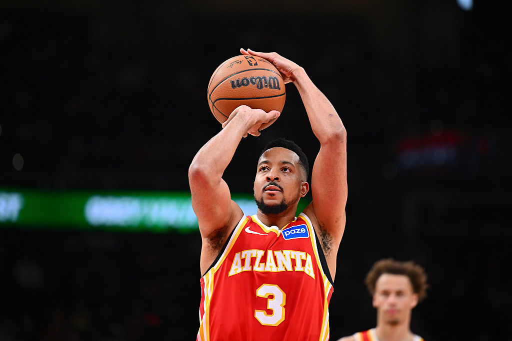 ATLANTA, GA - MARCH 14: CJ McCollum #3 of the Atlanta Hawks shoots a free throw during the game against the Milwaukee Bucks on March 14, 2026 at State Farm Arena in Atlanta, Georgia. NOTE TO USER: User expressly acknowledges and agrees that, by downloading and/or using this Photograph, user is consenting to the terms and conditions of the Getty Images License Agreement. Mandatory Copyright Notice: Copyright 2026 NBAE (Photo by Adam Hagy/NBAE via Getty Images)