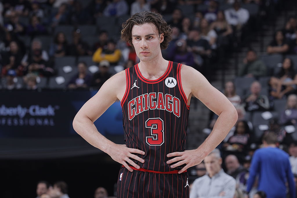 SACRAMENTO, CA - MARCH 8: Josh Giddey #3 of the Chicago Bulls looks on during the game against the Sacramento Kings on March 8, 2026 at Golden 1 Center in Sacramento, California.