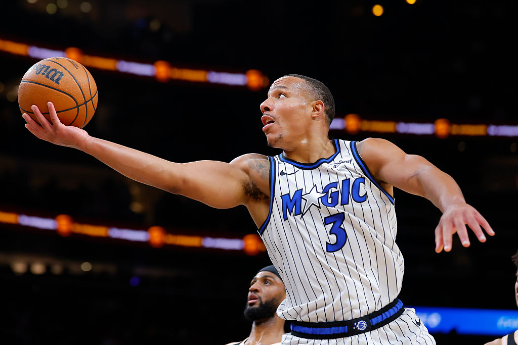 ATLANTA, GEORGIA - MARCH 16: Desmond Bane #3 of the Orlando Magic goes up for a shot during the second quarter against the Atlanta Hawks at State Farm Arena on March 16, 2026 in Atlanta, Georgia. NOTE TO USER: User expressly acknowledges and agrees that, by downloading and or using this photograph, User is consenting to the terms and conditions of the Getty Images License Agreement. (Photo by Todd Kirkland/Getty Images)