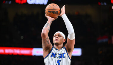 ATLANTA, GA - MARCH 16: Paolo Banchero #5 of the Orlando Magic shoots a free throw during the game against the Atlanta Hawks on March 16, 2026 at State Farm Arena in Atlanta, Georgia. NOTE TO USER: User expressly acknowledges and agrees that, by downloading and/or using this Photograph, user is consenting to the terms and conditions of the Getty Images License Agreement. Mandatory Copyright Notice: Copyright 2026 NBAE (Photo by Adam Hagy/NBAE via Getty Images)