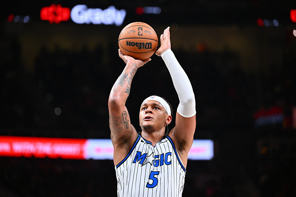 ATLANTA, GA - MARCH 16: Paolo Banchero #5 of the Orlando Magic shoots a free throw during the game against the Atlanta Hawks on March 16, 2026 at State Farm Arena in Atlanta, Georgia. NOTE TO USER: User expressly acknowledges and agrees that, by downloading and/or using this Photograph, user is consenting to the terms and conditions of the Getty Images License Agreement. Mandatory Copyright Notice: Copyright 2026 NBAE (Photo by Adam Hagy/NBAE via Getty Images)