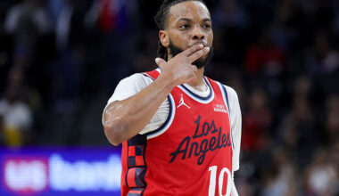 INGLEWOOD, CALIFORNIA - MARCH 14: Darius Garland #10 of the Los Angeles Clippers reacts after making a three-point basket during the second half of an NBA game against the Sacramento Kings at Intuit Dome on March 14, 2026 in Inglewood, California.