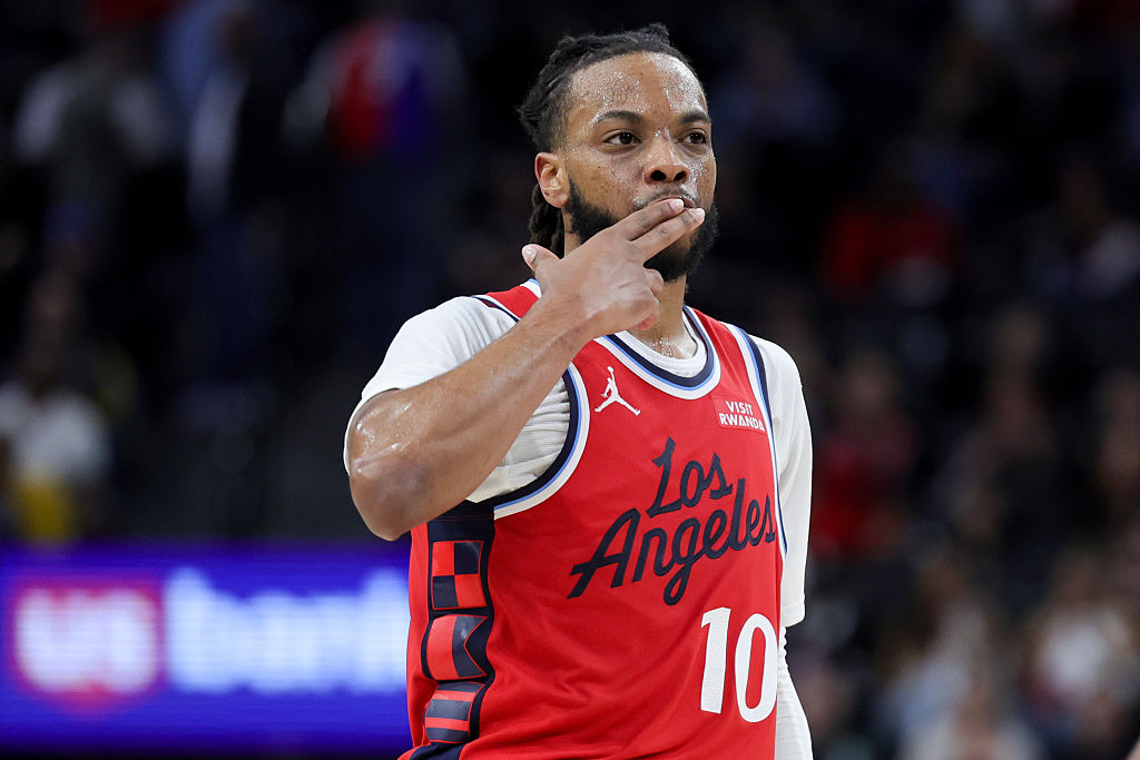INGLEWOOD, CALIFORNIA - MARCH 14: Darius Garland #10 of the Los Angeles Clippers reacts after making a three-point basket during the second half of an NBA game against the Sacramento Kings at Intuit Dome on March 14, 2026 in Inglewood, California.