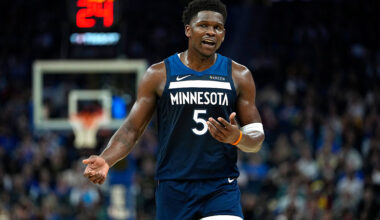 SAN FRANCISCO, CALIFORNIA - MARCH 13: Anthony Edwards #5 of the Minnesota Timberwolves looks on against the Golden State Warriors in the first half of an NBA basketball game at Chase Center on March 13, 2026 in San Francisco, California. NOTE TO USER: User expressly acknowledges and agrees that, by downloading and or using this photograph, User is consenting to the terms and conditions of the Getty Images License Agreement. (Photo by Thearon W. Henderson/Getty Images)