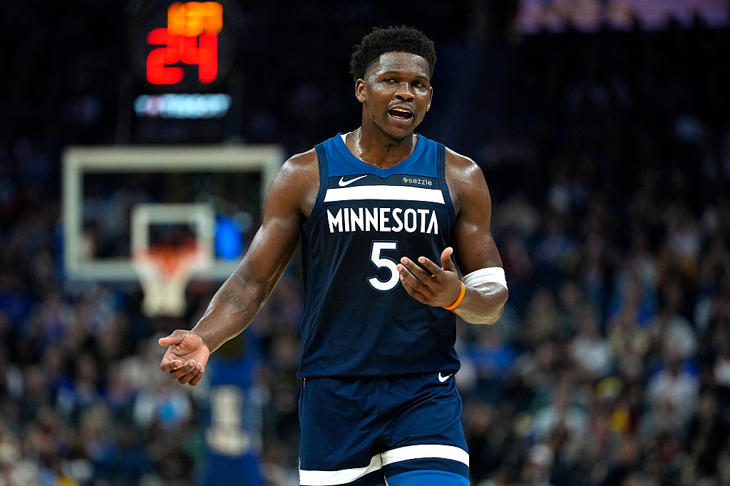 SAN FRANCISCO, CALIFORNIA - MARCH 13: Anthony Edwards #5 of the Minnesota Timberwolves looks on against the Golden State Warriors in the first half of an NBA basketball game at Chase Center on March 13, 2026 in San Francisco, California. NOTE TO USER: User expressly acknowledges and agrees that, by downloading and or using this photograph, User is consenting to the terms and conditions of the Getty Images License Agreement. (Photo by Thearon W. Henderson/Getty Images)