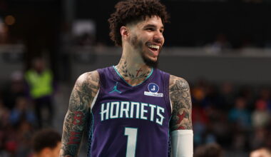 CHARLOTTE, NC - MARCH 17: LaMelo Ball #1 of the Charlotte Hornets smiles during the game against the Miami Heat on March 17, 2026 at Spectrum Center in Charlotte, North Carolina. NOTE TO USER: User expressly acknowledges and agrees that, by downloading and or using this photograph, User is consenting to the terms and conditions of the Getty Images License Agreement. Mandatory Copyright Notice: Copyright 2026 NBAE (Photo by Kent Smith/NBAE via Getty Images)