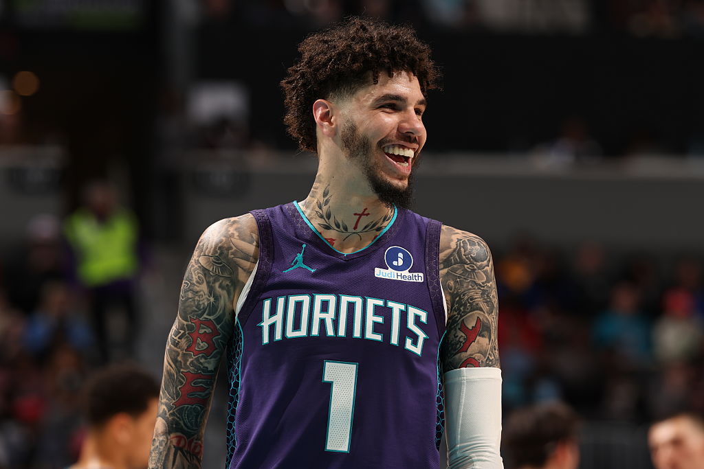 CHARLOTTE, NC - MARCH 17: LaMelo Ball #1 of the Charlotte Hornets smiles during the game against the Miami Heat on March 17, 2026 at Spectrum Center in Charlotte, North Carolina. NOTE TO USER: User expressly acknowledges and agrees that, by downloading and or using this photograph, User is consenting to the terms and conditions of the Getty Images License Agreement. Mandatory Copyright Notice: Copyright 2026 NBAE (Photo by Kent Smith/NBAE via Getty Images)