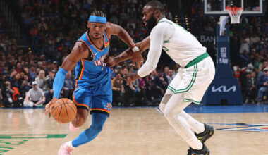 OKLAHOMA CITY, OK - MARCH 12: Shai Gilgeous-Alexander #2 of the Oklahoma City Thunder dribbles the ball during the game against the Boston Celtics on March 12, 2026 at Paycom Center in Oklahoma City, Oklahoma. NOTE TO USER: User expressly acknowledges and agrees that, by downloading and or using this photograph, User is consenting to the terms and conditions of the Getty Images License Agreement. Mandatory Copyright Notice: Copyright 2026 NBAE (Photo by Zach Beeker/NBAE via Getty Images)