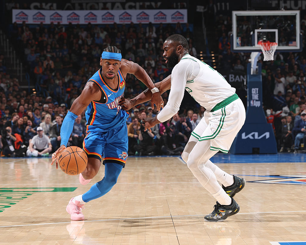 OKLAHOMA CITY, OK - MARCH 12: Shai Gilgeous-Alexander #2 of the Oklahoma City Thunder dribbles the ball during the game against the Boston Celtics on March 12, 2026 at Paycom Center in Oklahoma City, Oklahoma. NOTE TO USER: User expressly acknowledges and agrees that, by downloading and or using this photograph, User is consenting to the terms and conditions of the Getty Images License Agreement. Mandatory Copyright Notice: Copyright 2026 NBAE (Photo by Zach Beeker/NBAE via Getty Images)