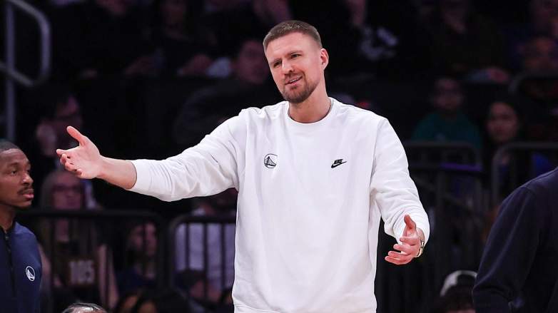 Kristaps Porzingis of the Golden State Warriors reacts